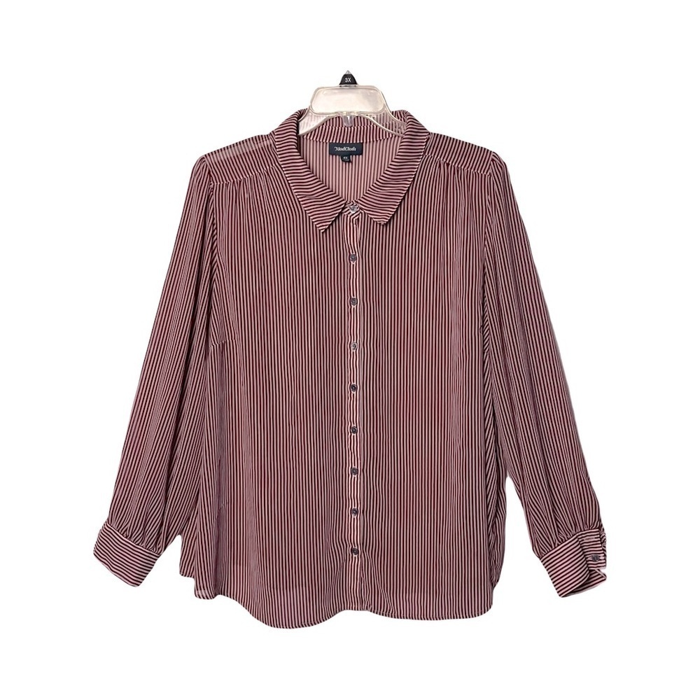 ModCloth | Red Striped Chiffon Button Front Long Sleeve Blouse, 4X